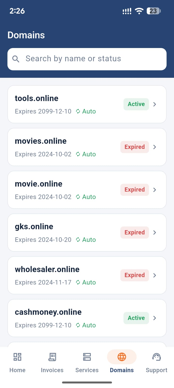 Domains screen