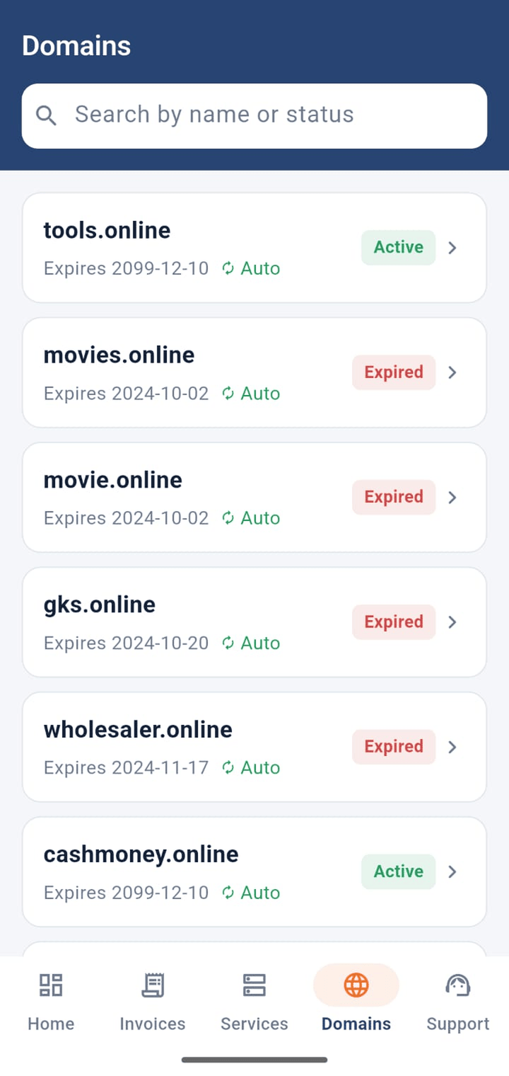 Domains screen