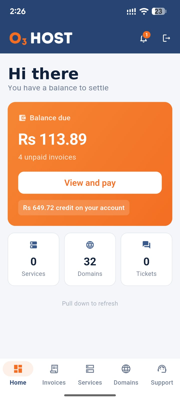 O3 Host app home screen showing account balance and quick stats