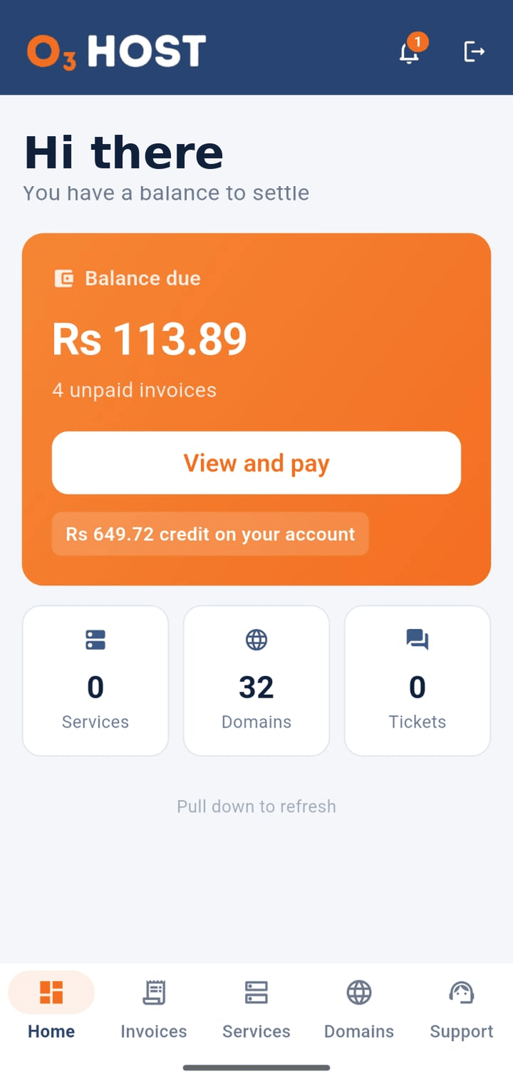 O3 Host app home screen showing account balance and quick stats