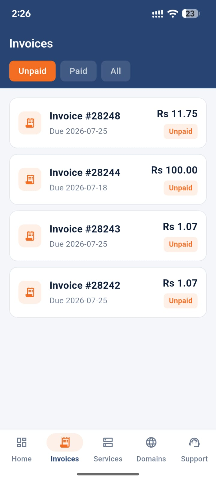 Invoices screen