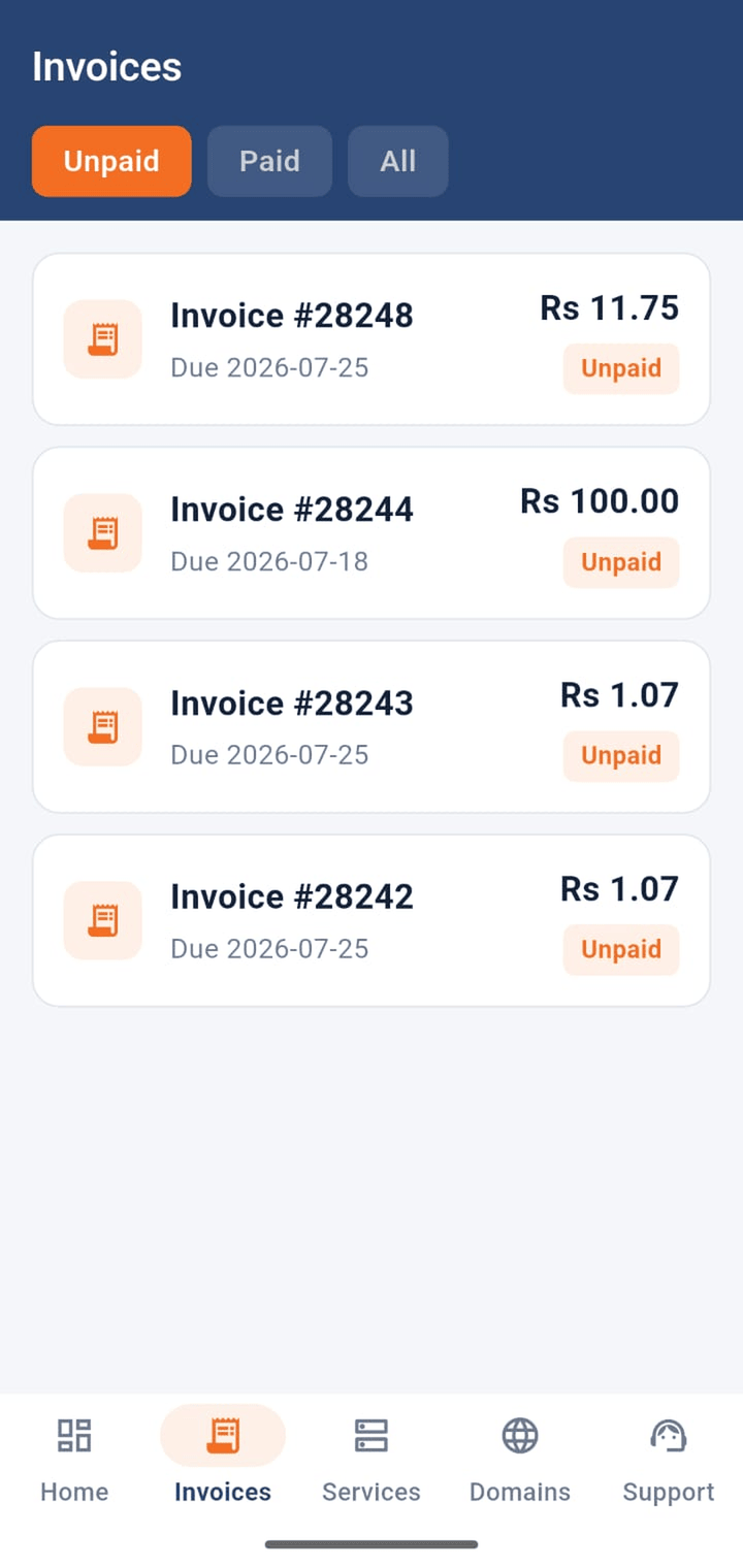 Invoices screen