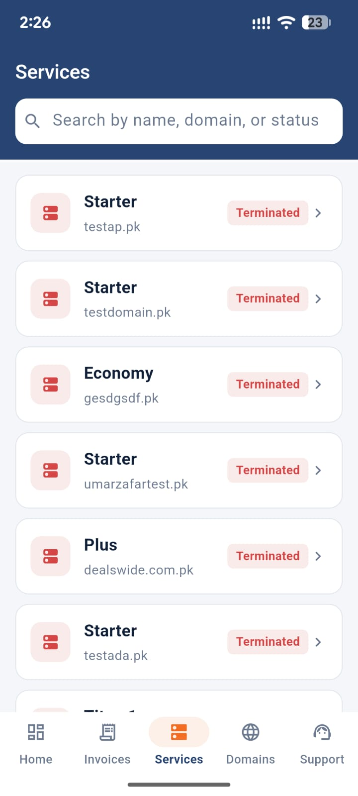 Services screen
