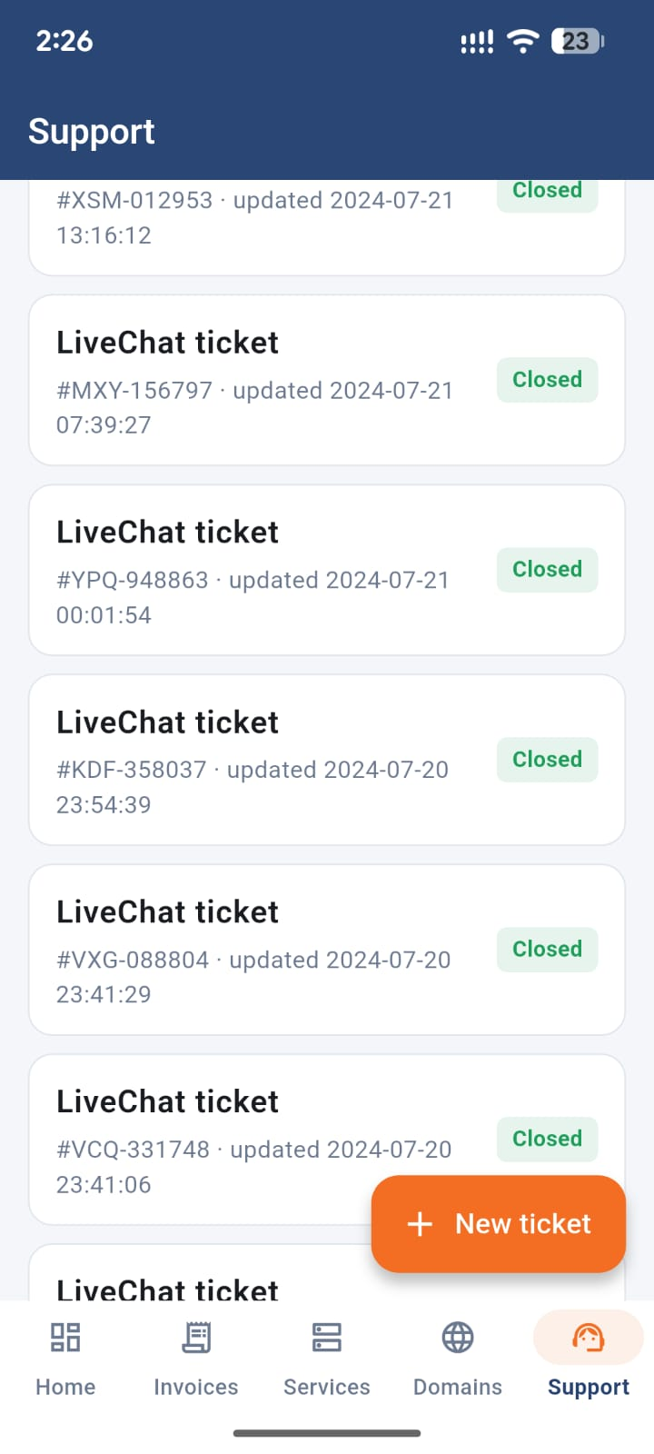 Support tickets screen