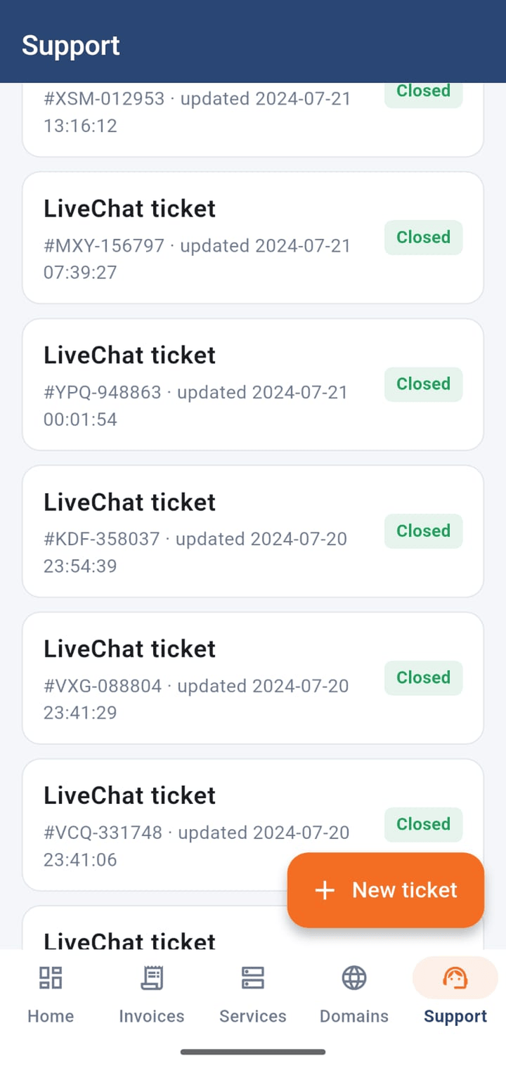 Support tickets screen